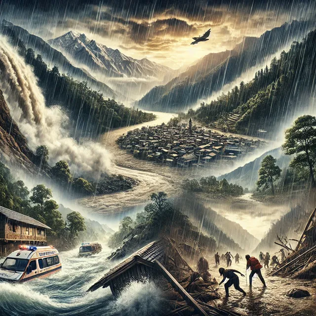 DALL·E 2024-07-22 04.52.45 - A dramatic depiction of a monsoon season in the Himalayan regions, showing landslides, flooding, and turbulent river currents. In the background, stee.webp