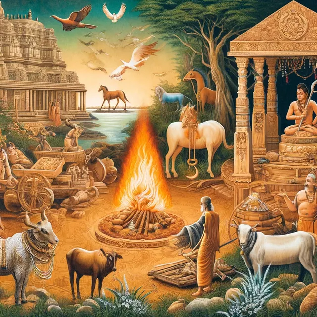 DALL·E 2024-06-01 06.04.16 - An artistic depiction of a traditional Hindu ritual scene with elements representing ancient Vedic sacrifices. The scene includes a priest performing .webp