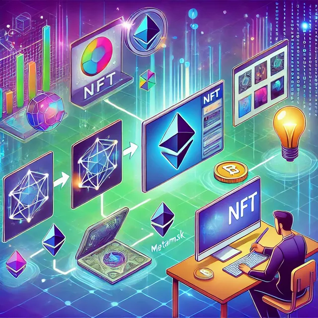 DALL·E 2025-01-25 17.39.15 - A visually engaging illustration showing the step-by-step process of creating an NFT in a high-tech digital environment. The image includes key elemen.webp