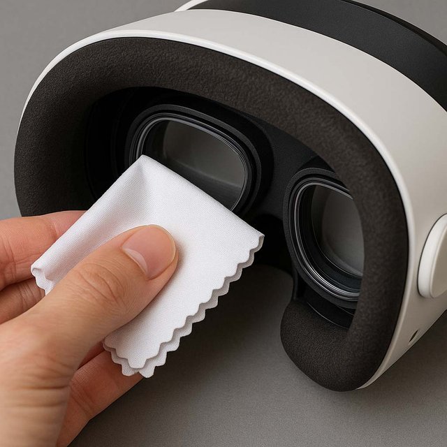 Hand cleaning ANNKUTVR prescription lens inserts inside Meta Quest 3 headset using a microfiber cloth