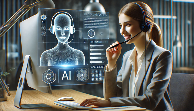 A professional call center setup where an AI interface assists a human agent. The agent is wearing a headset, seated at a modern workstation with analytics displayed on the screen, showcasing the integration of AI tools with human expertise in a customer service environment.