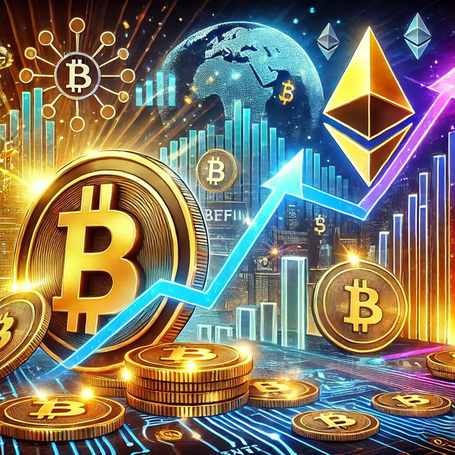 DALL·E 2024-10-21 21.26.17 - A vibrant digital art representation of the current surge in Bitcoin and Ethereum, showcasing Bitcoin's upward momentum toward $70K and Ethereum's gro.png