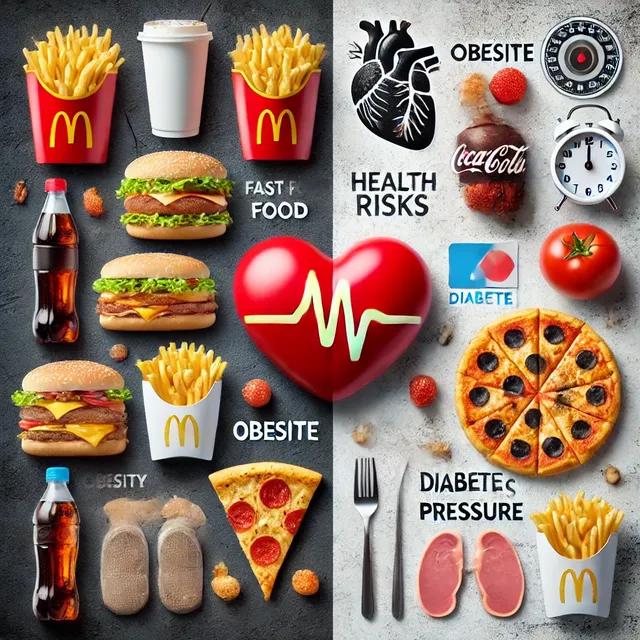 DALL·E 2025-02-26 08.16.08 - A powerful comparison image showing fast food like burgers, pizza, fries, and soda on one side, and serious health risks on the other side, including .webp