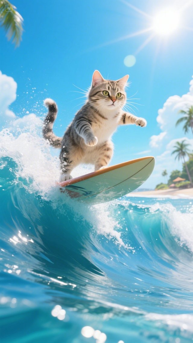 jimeng-2025-05-02-120-A lively scene featuring a daring cat riding a giant ocean wave on a surfboard....jpeg