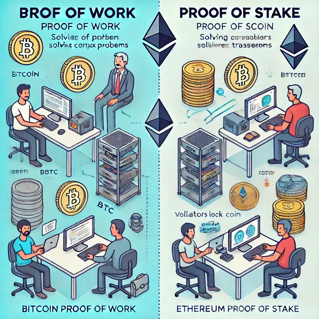 DALL·E 2024-11-10 16.33.42 - A comparative diagram illustrating Bitcoin (BTC) Proof of Work with miners solving complex problems and Ethereum (ETH) Proof of Stake with validators .webp