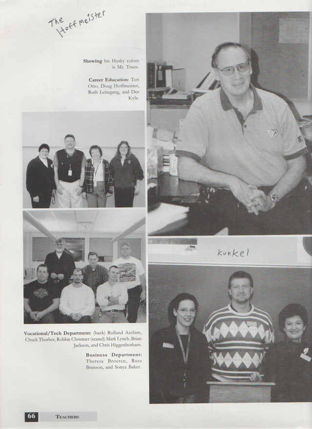 2000-2001 FGHS Yearbook Page 66 Teachers Kunkel, Hoffmeister Careers n Basketball, Chris Higgenbotham woods-class, Teri Otto n Dee Kyle of Careers n Computers Class.png