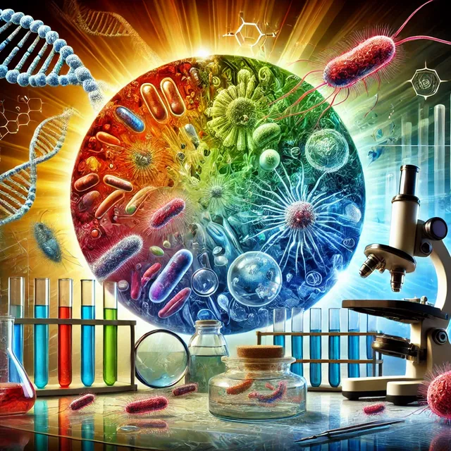 DALL·E 2024-12-24 00.08.27 - A highly detailed and visually captivating illustration of microbiology concepts. The image features a vibrant and colorful depiction of microorganism.webp