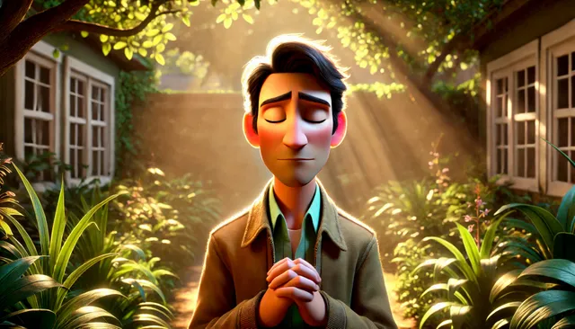 DALL·E 2024-09-16 14.41.34 - A 3D Pixar-style image of the narrator closing his eyes in reflection, standing in a quiet garden. The sunlight gently illuminates the scene, casting .webp