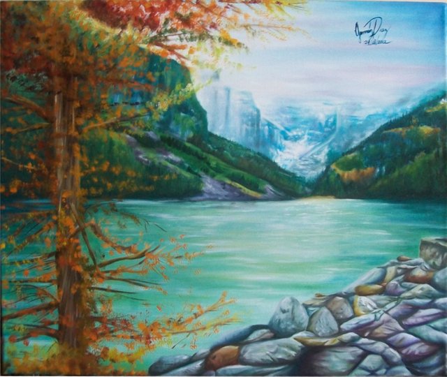 observando el lago verde, encima de unas piedras, oleo, 50x70.jpg