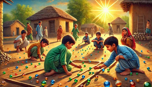 DALL·E 2024-11-30 23.15.33 - A vibrant and detailed scene depicting children playing 'Guti Khela' (marbles) in a rural 1990s setting. The image shows kids crouched on the ground, .webp