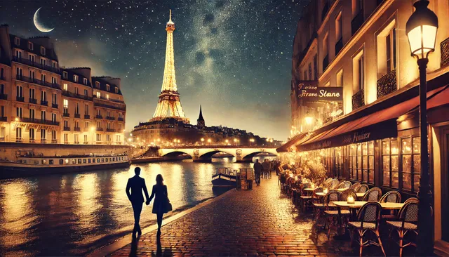 DALL·E 2024-12-29 10.56.50 - A romantic night view of Paris, featuring the Eiffel Tower sparkling with golden lights, the Seine River reflecting the city’s glow, and cobblestone s.webp