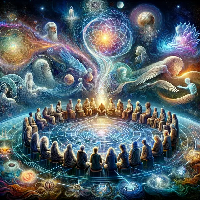 DALL·E 2024-04-01 16.24.24 - A symbolic representation of the journey from intoxication to super consensus as taught by Osho. The image features a diverse group of individuals sit.webp