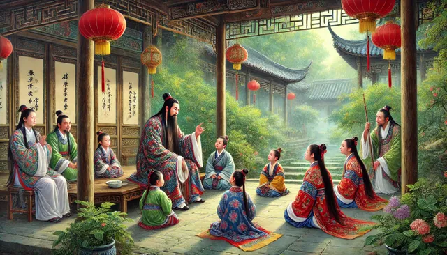 DALL·E 2024-09-20 07.12.08 - A traditional Chinese painting in Qing green landscape and gongbi style, depicting Li Han sitting in a traditional courtyard, teaching his descendants.webp