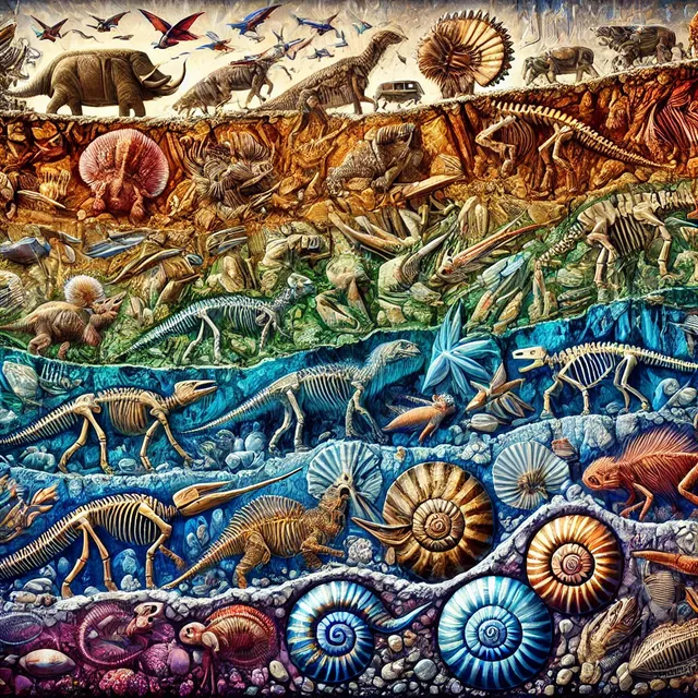 DALL·E 2024-11-16 00.10.04 - A captivating and detailed illustration of fossils and evolution showing ancient sea creatures, dinosaurs, mammals, and early humans arranged in a roc.webp