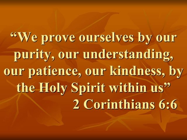 The Christian life. We prove ourselves by our purity, our understanding, our patience, our kindness, by the Holy Spirit within us. 2 Corinthians 6,6.jpg