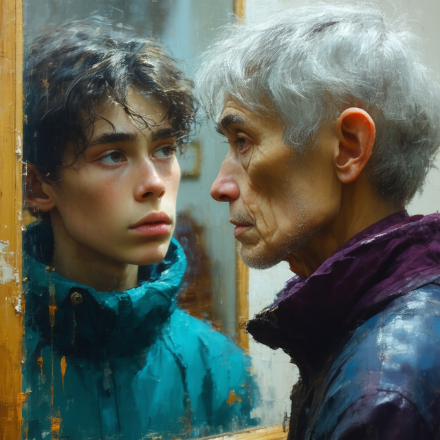 4- show a young person looking at the mirror that shows his oldness .png