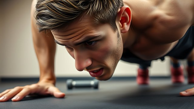 A close up of the young man attempting a push up on a gym mat, sweat on his face, muscles straining, showing his effort. The background is a simple gym environment with minimal distractions..jpg