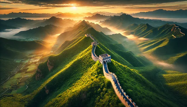 DALL·E 2025-01-13 09.35.02 - A stunning aerial view of the Great Wall of China winding over lush green mountains during sunrise, with the ancient stone structure bathed in warm go.webp