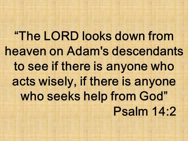 Foolishness in the Bible. The LORD looks down from heaven on Adam's descendants to see if there is anyone who acts wisely, if there is anyone who seeks help from God.jpg