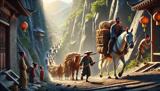 DALL·E 2024-09-09 07.08.25 - A highly detailed 3D image in Pixar animation style, set in ancient China. The scene shows a contrast between wealthy merchants and poor villagers. Th.webp