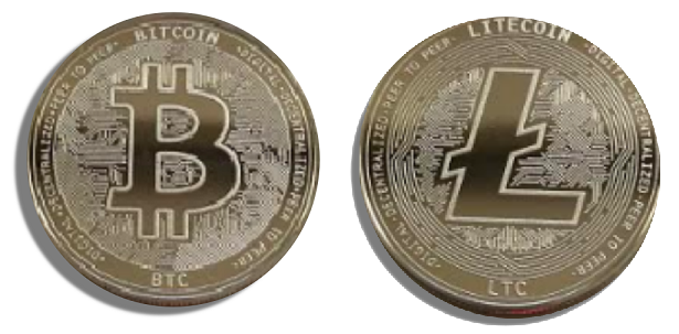 Bitcoin and Litecoin on white background.png
