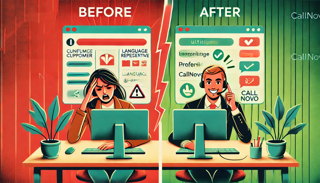 Side-by-side images of a frustrated customer and a happy customer, illustrating the transformation through Callnovo’s multilingual support services.