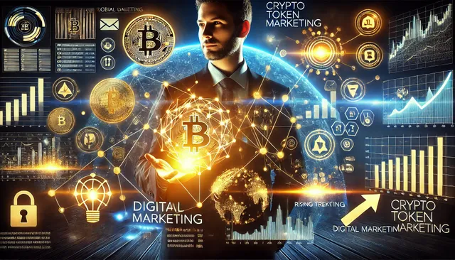 DALL·E 2025-02-27 19.24.21 - A futuristic digital banner representing 'Crypto Token Marketing.' The image features a glowing blockchain network with interconnected nodes, symboliz.webp