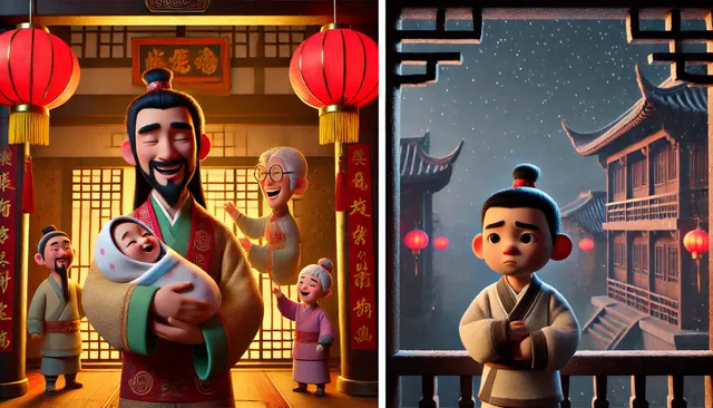 DALL·E 2024-09-08 08.46.44 - A 3D Pixar-style image set in ancient China, divided into two scenes. The first scene shows Zhao Weixin and his wife happily celebrating the birth of .webp