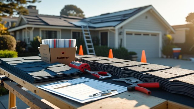 A Bay Area residential setting with roofing tools, sample shingles, and a contract or quote folder placed neatly on a table or workbench. Show a house in the background with a visible roof. Include a ladder or safe.jpg