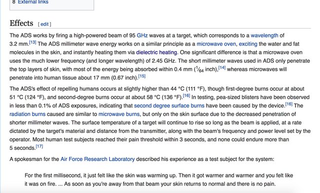 Active Denial System - 95 GHz - 3.2mm - comparison to microwave - Wikipedia.JPG