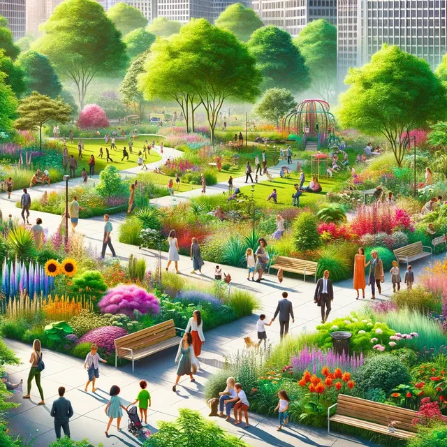 DALL·E 2024-03-25 15.15.38 - A lush urban park filled with diverse plant species and people enjoying nature. The park is vibrant and alive, showcasing a variety of trees, flowers,.webp