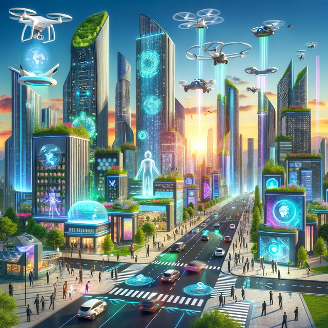 DALL·E 2024-01-19 09.28.13 - A vibrant and dynamic futuristic cityscape, showcasing a blend of advanced technologies. The scene includes towering skyscrapers with holographic disp.png