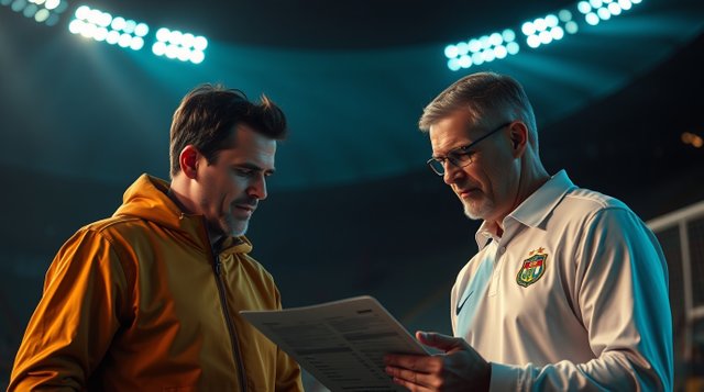 A soccer team president and his coach examine a game schedule illuminated by glowing bioluminescent colors and natural earth tones. Browns, beiges, muted colors, natural light effects, vi.jpg