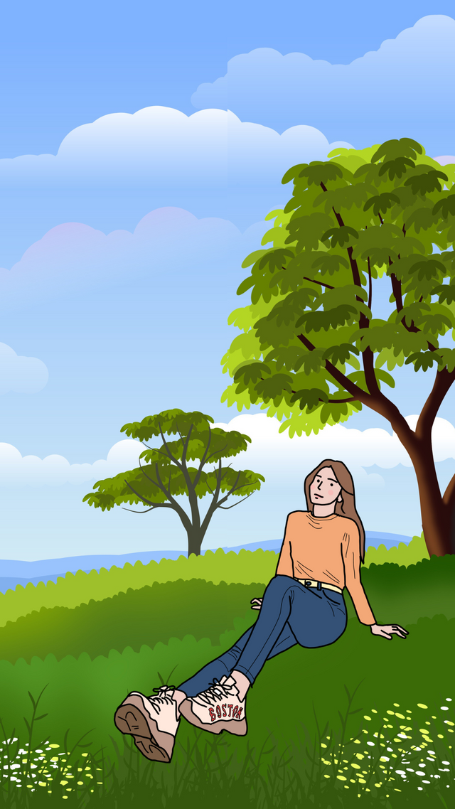 Sky Blue Green Illustrated Girl and Nature Phone Wallpaper.png