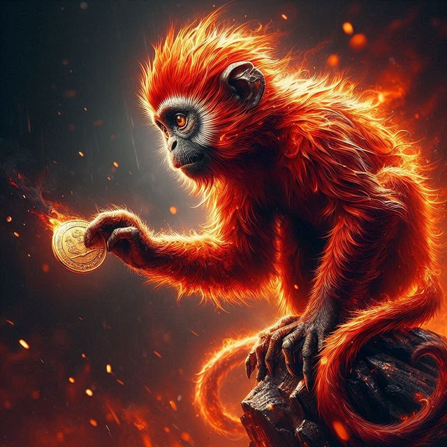 monkey with fiery red fur holding a large coin, digital art.png