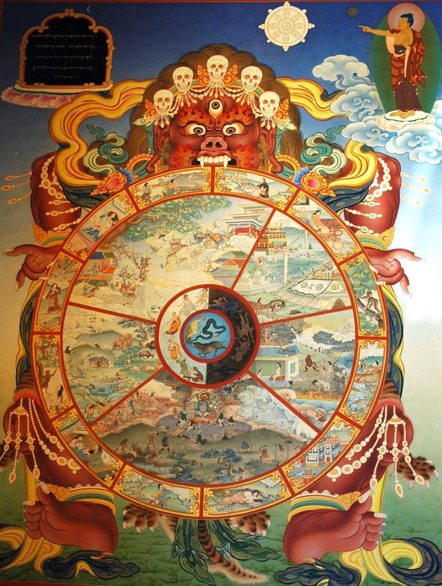 Traditional_bhavachakra_wall_mural_of_Yama_holding_the_wheel_of_life,_Buddha_pointing_the_way_out.jpg