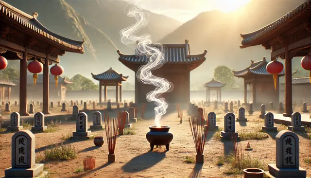 DALL·E 2024-09-06 13.03.16 - A highly detailed 3D image in Pixar animation style, set in ancient China. The scene shows a distant view of Li Zixuan's grave with incense burning in.webp