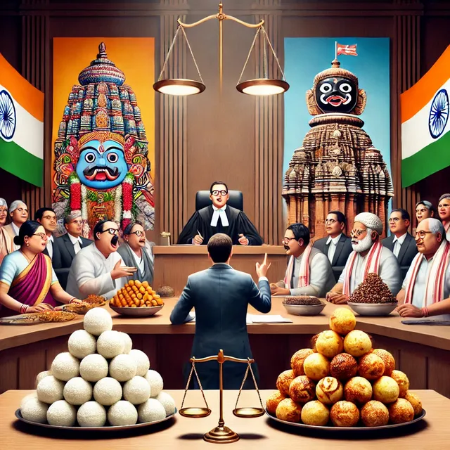 DALL·E 2024-10-16 13.35.08 - A modern courtroom setting where the geographical indication (GI) tag battle over Rasgulla is taking place between West Bengal and Odisha. The scene s.webp