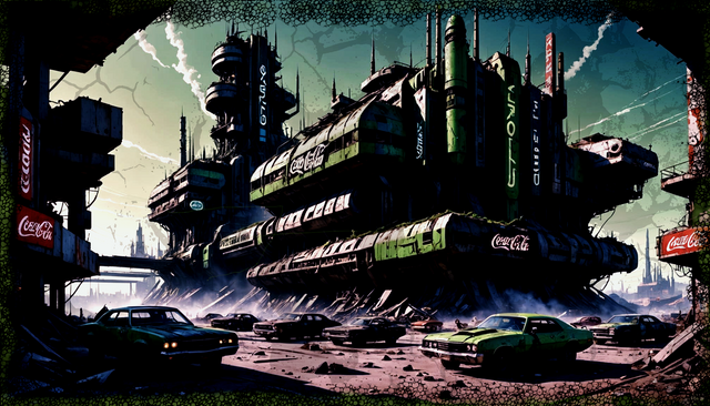 Post-apocalyptic highway in gloomy colors, peppered with symbols of capitalism and decay..png