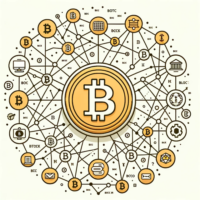 DALL·E 2023-10-24 19.39.55 - Vector graphic of a Bitcoin coin at the center of a web of connections, illustrating its decentralized nature. Around the coin, there are symbols of t.png