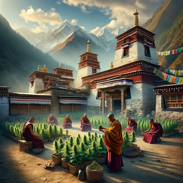 DALL·E 2024-03-29 19.57.04 - An ancient Tibetan monastery surrounded by the majestic Himalayas, with monks engaged in a serene ritual. A central figure, a respected lama, is seen .webp