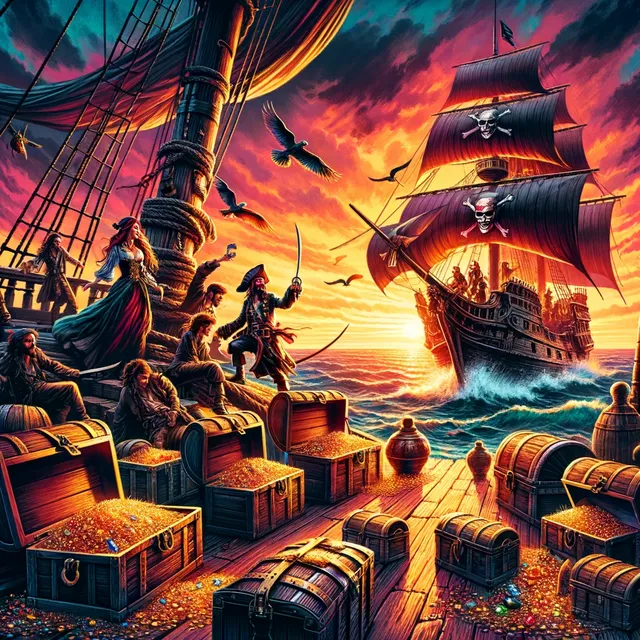 DALL·E 2024-06-09 23.36.22 - A vibrant and detailed illustration depicting a scene from the movie 'Pirates of the Caribbean_ The Curse of the Black Pearl' with a dramatic battle o.webp