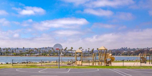 Basketball court in front of a lake in California.JPG