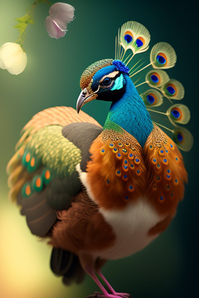 a BEAUTIFUL PEACOCK on a branch with spring flower (3).jpg