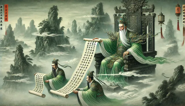 DALL·E 2024-09-22 07.12.30 - A traditional Chinese painting in Qing green landscape and gongbi style, depicting Dongyue Emperor in the underworld, distributing scrolls of names to.webp