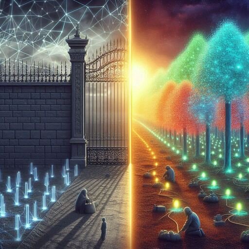 Digital art, cinematic style. A visual metaphor contrasting two forms of investment. On the left, a .jpeg