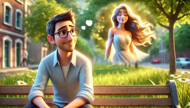 DALL·E 2024-09-23 04.46.27 - A 3D Pixar-style image of a man sitting in a peaceful park, daydreaming with a soft smile on his face. In his imagination, a beautiful woman appears, .webp