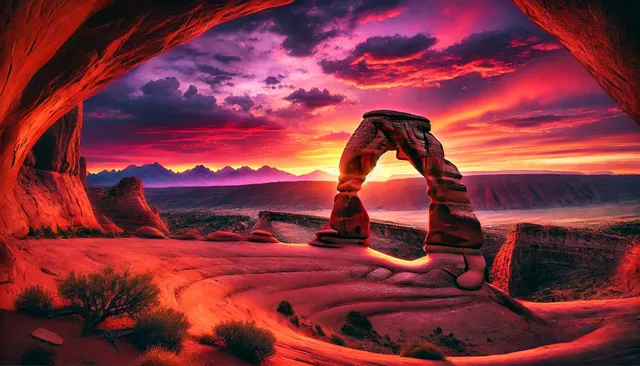 DALL·E 2024-12-19 11.03.48 - A stunning view of Arches National Park at sunset, featuring the Delicate Arch glowing in vibrant red and orange hues, with rugged desert terrain, dis.webp