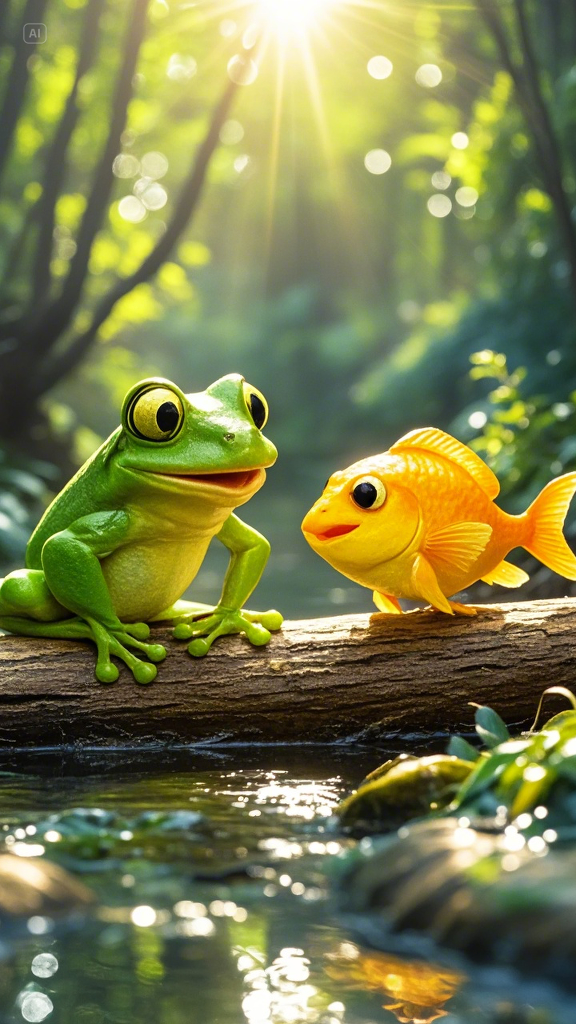 A cheerful green frog and a smiling golden fish playing together on a log in a sunny, peaceful fores... (1).png