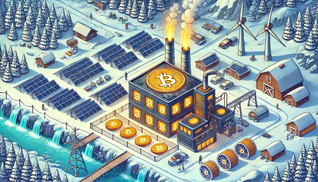 DALL·E 2024-06-28 05.55.29 - A detailed illustration of a Bitcoin mining facility located in a northern, very cold place. The facility uses solar and hydro energy to power the min.webp